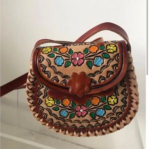 Mini Custom Mexican Hand Tooled Leather handpainted Floral Crossbody